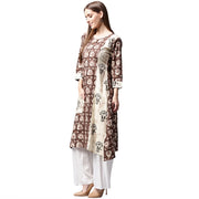 Coffee brown printed 3/4th sleeve cotton kurta with side pocket