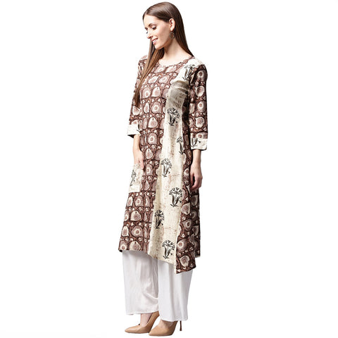 Coffee brown printed 3/4th sleeve cotton kurta with side pocket