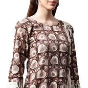 Coffee brown printed 3/4th sleeve cotton kurta with side pocket