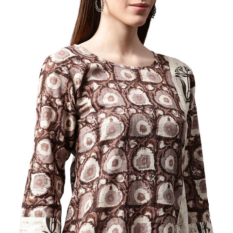 Coffee brown printed 3/4th sleeve cotton kurta with side pocket