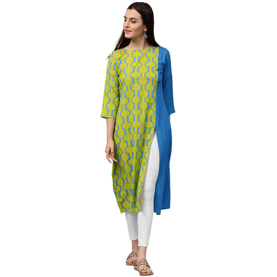 Green printed 3/th sleeve cotton kurta