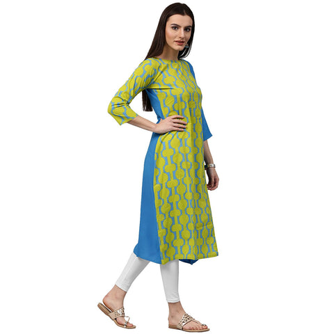 Green printed 3/th sleeve cotton kurta