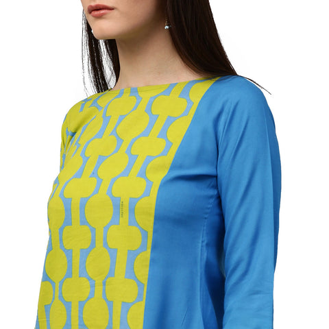 Green printed 3/th sleeve cotton kurta