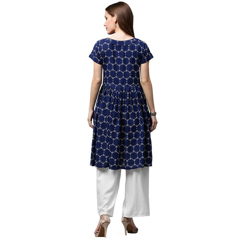 Blue printed cap sleeve cotton cropped anarkali kurta