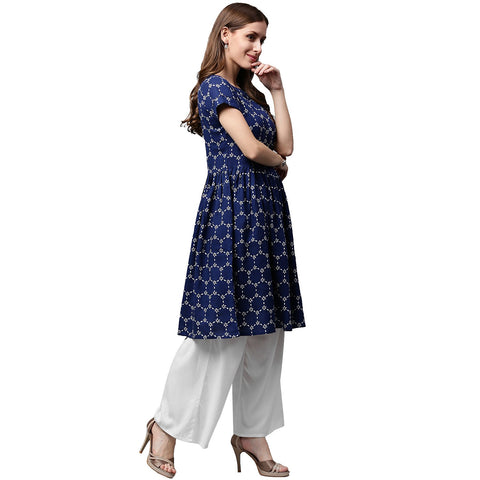 Blue printed cap sleeve cotton cropped anarkali kurta