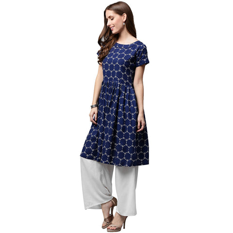 Blue printed cap sleeve cotton cropped anarkali kurta