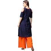 Blue printed half sleeve cotton kurta with orange Palazzos