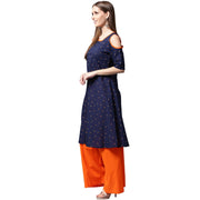Blue printed half sleeve cotton kurta with orange Palazzos