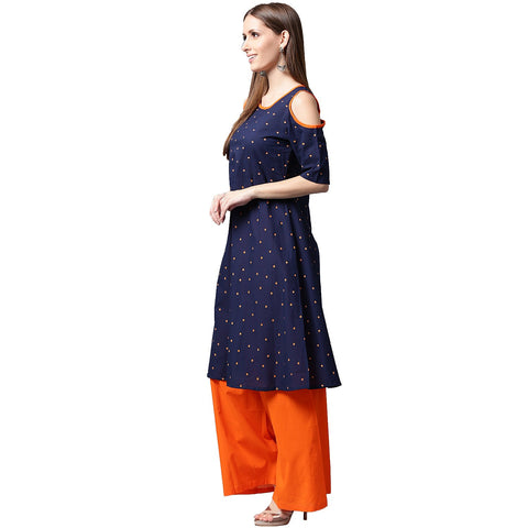 Blue printed half sleeve cotton kurta with orange Palazzos