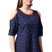 Blue printed half sleeve cotton kurta with orange Palazzos