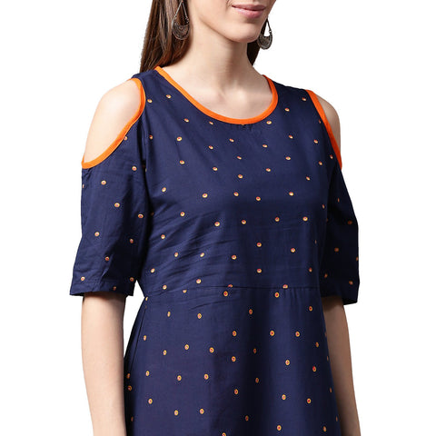 Blue printed half sleeve cotton kurta with orange Palazzos