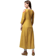 Yellow Printed 3/4th sleeve cold shoulder cotton Anarkali kurta