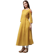 Yellow Printed 3/4th sleeve cold shoulder cotton Anarkali kurta