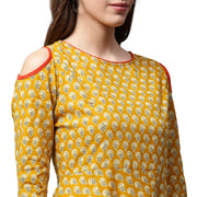 Yellow Printed 3/4th sleeve cold shoulder cotton Anarkali kurta