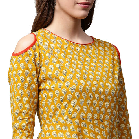 Yellow Printed 3/4th sleeve cold shoulder cotton Anarkali kurta