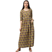 Yellow printed 3/4th sleeve cotton Anarkali kurta