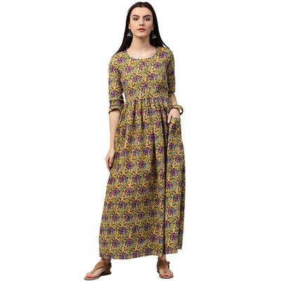 Yellow printed 3/4th sleeve cotton Anarkali kurta