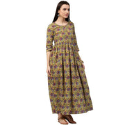 Yellow printed 3/4th sleeve cotton Anarkali kurta