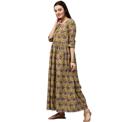 Yellow printed 3/4th sleeve cotton Anarkali kurta