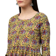 Yellow printed 3/4th sleeve cotton Anarkali kurta