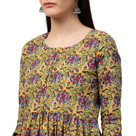 Yellow printed 3/4th sleeve cotton Anarkali kurta