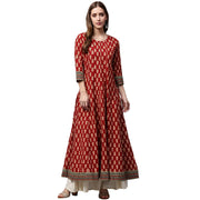Red printed 3/4th sleeve cotton long Anarkali kurta