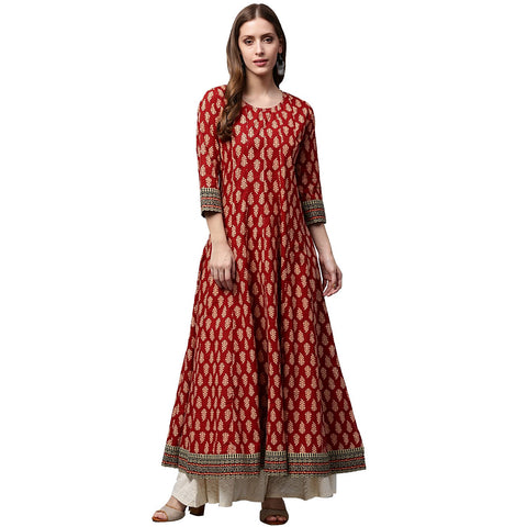 Red printed 3/4th sleeve cotton long Anarkali kurta