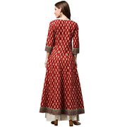 Red printed 3/4th sleeve cotton long Anarkali kurta