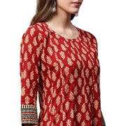 Red printed 3/4th sleeve cotton long Anarkali kurta