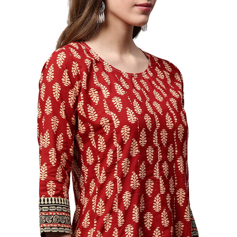 Red printed 3/4th sleeve cotton long Anarkali kurta