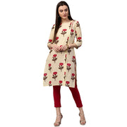 Yellow flower printed 3/4th sleeve cotton kurta
