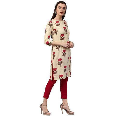 Yellow flower printed 3/4th sleeve cotton kurta
