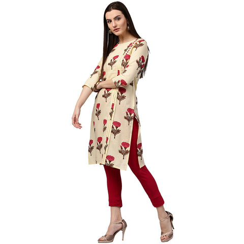 Yellow flower printed 3/4th sleeve cotton kurta