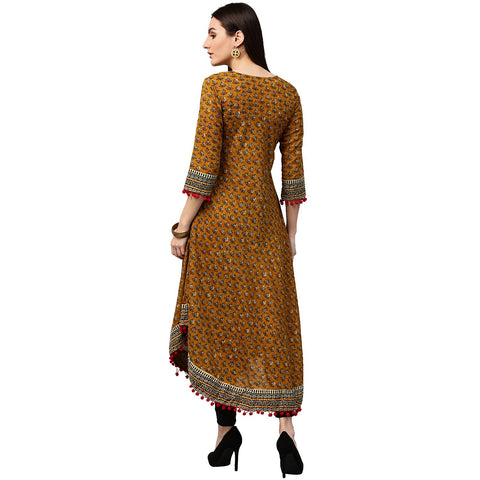 Yellow printed 3/4th sleeve Assymetric Cotton Anarkali kurta