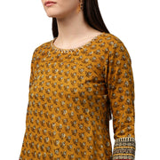 Yellow printed 3/4th sleeve Assymetric Cotton Anarkali kurta