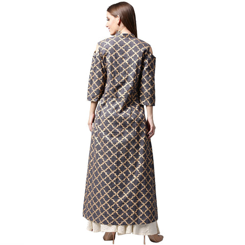 Navy blue printed sleeveless cotton front slit kurta