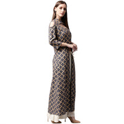 Navy blue printed sleeveless cotton front slit kurta