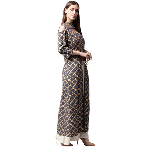Navy blue printed sleeveless cotton front slit kurta