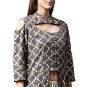 Navy blue printed sleeveless cotton front slit kurta