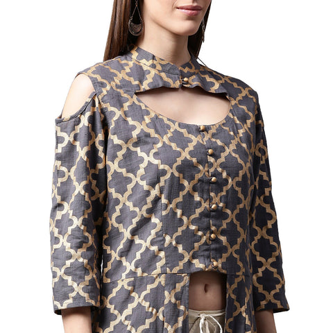 Navy blue printed sleeveless cotton front slit kurta