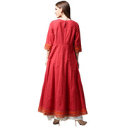 Red 3/4th sleeve cotton Anarkali kurta with printed yoke