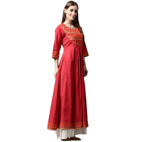 Red 3/4th sleeve cotton Anarkali kurta with printed yoke