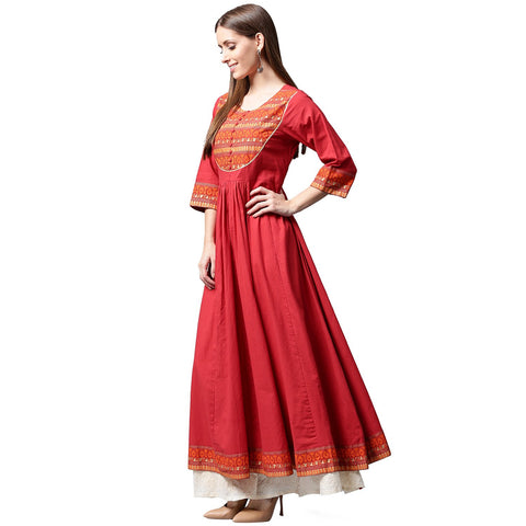 Red 3/4th sleeve cotton Anarkali kurta with printed yoke