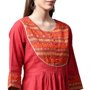 Red 3/4th sleeve cotton Anarkali kurta with printed yoke