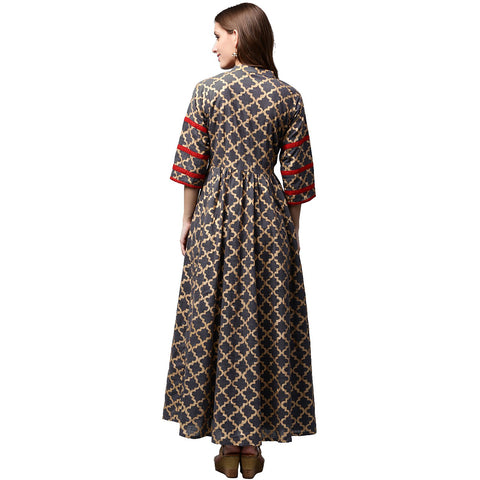 Grey Printed 3/4th sleeve cotton anarkali kurta