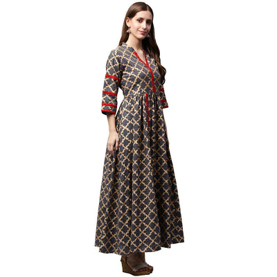Grey Printed 3/4th sleeve cotton anarkali kurta