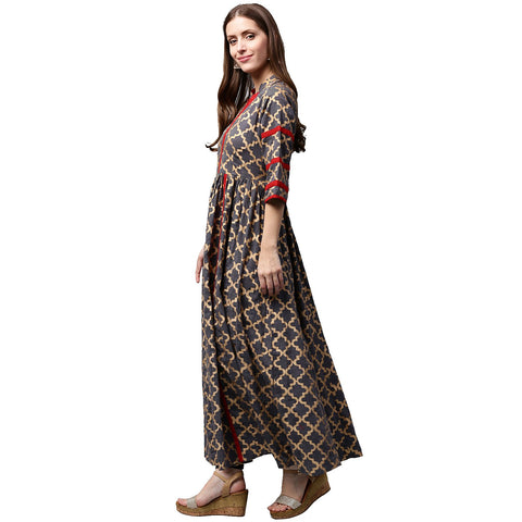 Grey Printed 3/4th sleeve cotton anarkali kurta