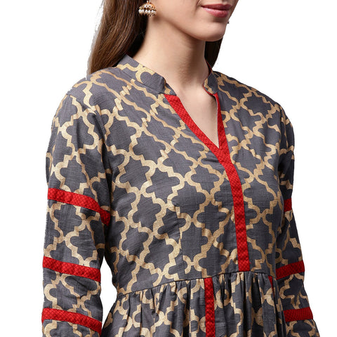 Grey Printed 3/4th sleeve cotton anarkali kurta