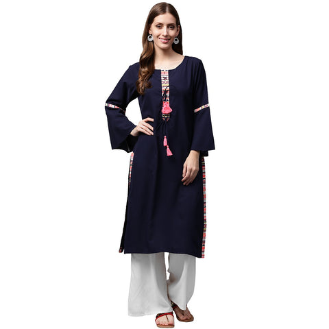 Navy blue 3/4th sleeve crepe kurta with dori work at yoke