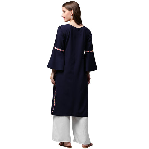 Navy blue 3/4th sleeve crepe kurta with dori work at yoke